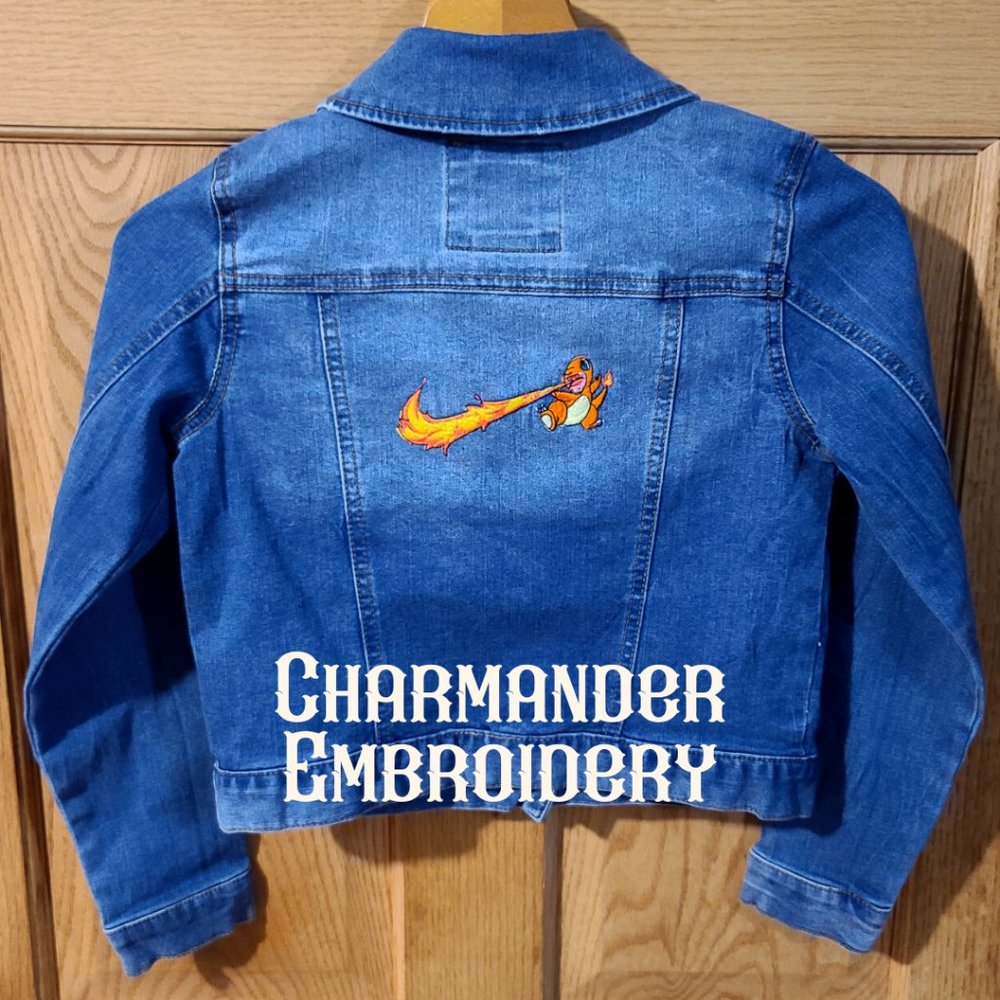 Pokemon Charmander Nike swoosh Embroidered Denim Jacket